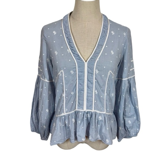 Ulla Johnson Etienne Blouse Chambray Floral Embroidered Swiss Dot - Picture 5 of 13